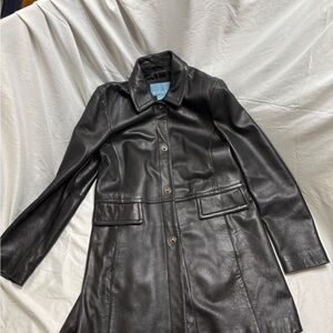 Nine West Black Leather Button-Front Coat with Flap Pockets